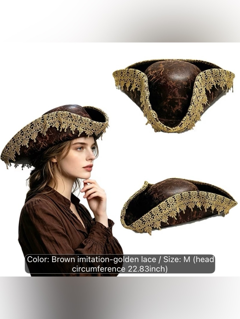 Victorian Lace Trim Brown Pirate Tricorn Hat - Unisex Accessories